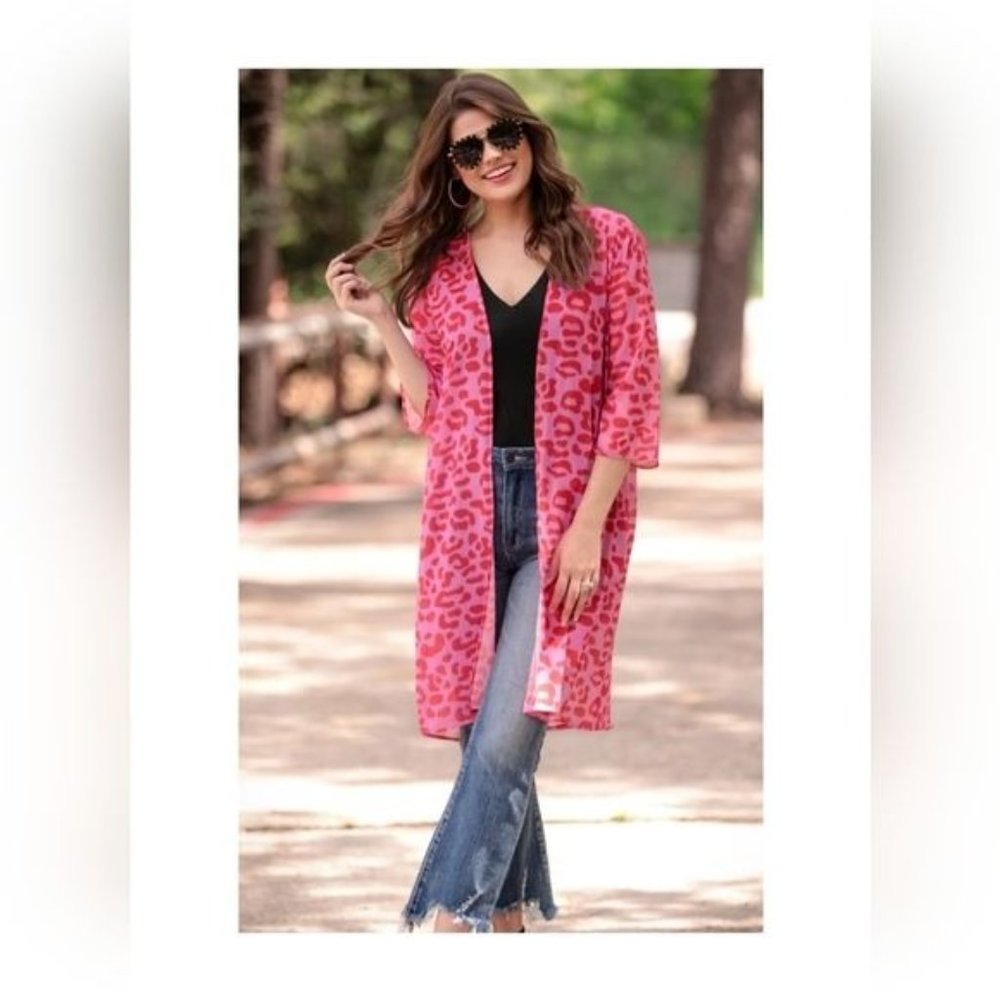 New W/Tags One Size Jess Lea feeling sassy leopard kimono Pink and Red Sheer - Picture 12 of 12